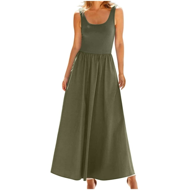 Vestido de Verano con Bolsillos para Mujeres de Moda Cómodo Vestido de Cuello Redondo sin Mangas de Color Sólido, Estilo de Vendaje de Poliéster, Lavado de Manos