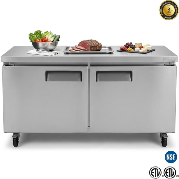 60" Commercial 2-Door Worktop Refrigerator Stainless Steel Undercounter Prep Fridge 17 Cu.Ft. NSF ETL