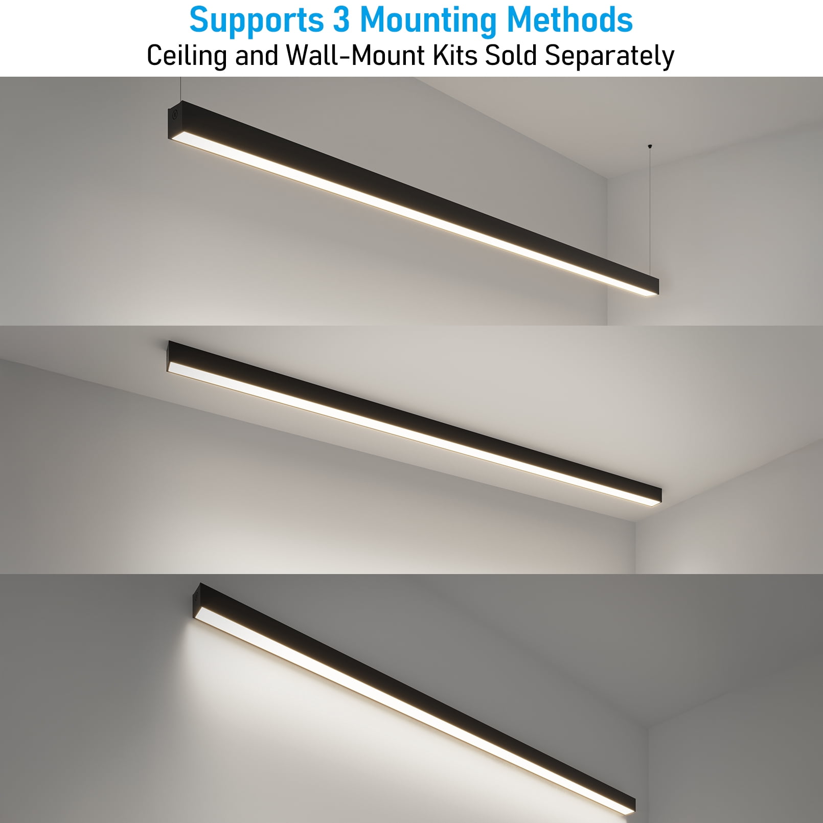 2 Pack 8FT 80W 3CCT Dimmable Commercial Linkable Linear Light, 3000K/4000K/5000K Selectable, Suspended Strip Light, Black