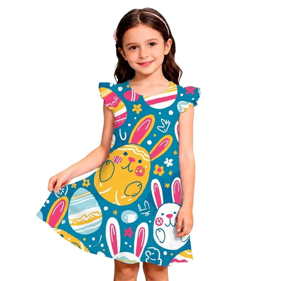 Girls Dress Kids Easter Floral Bunny Print Sleeveless Knee Length Dress Holiday Outfit for Party Celebrations Multicolour 2 years-3 years
