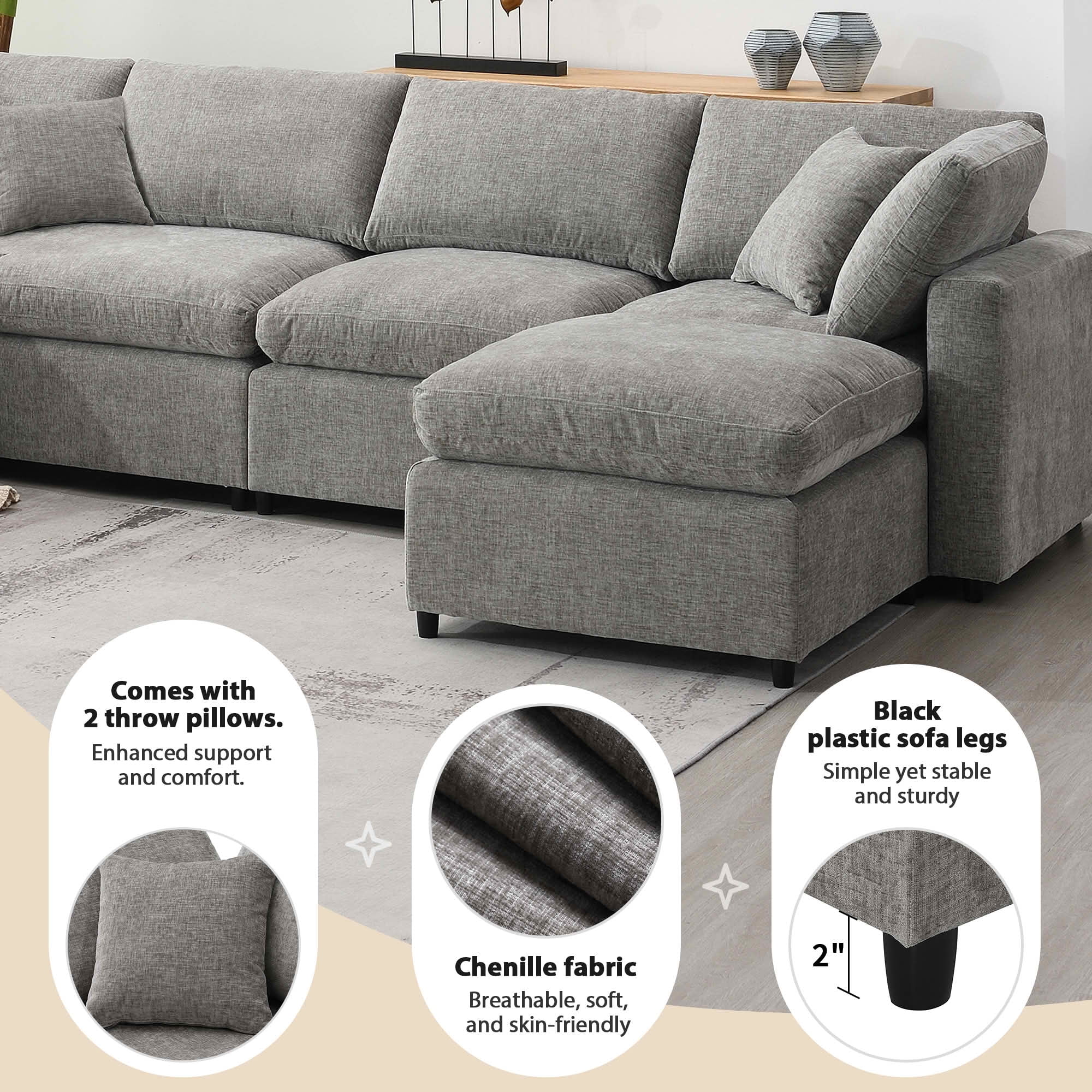 MAYEERTY 130x65" Modular Cloud Sofa Bed - 6-Seat Chenille, Convertible U-Shaped with Ottoman