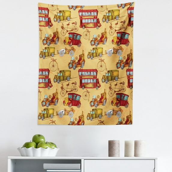 Cars Tapestry, Steampunk Inspired Vintage Means of Transportation Colorful Retro Design, Fabric Wall Hanging Decor for Bedroom Living Room Dorm, 5 Sizes, Mustard Red Olive Green, by Ambesonne