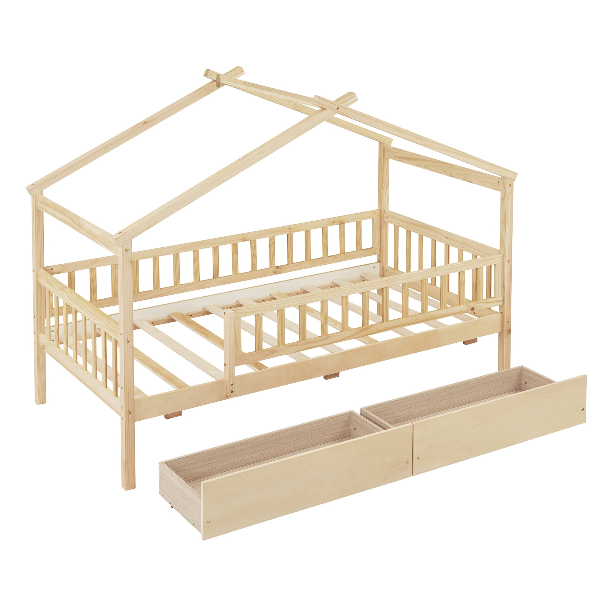 Harper & Bright Designs Twin House Bed with 2 Storage Drawers, Twin Bed Frame with Rails and Roof, Wooden Tent Montessori Bed for Girls & Boys, Natural