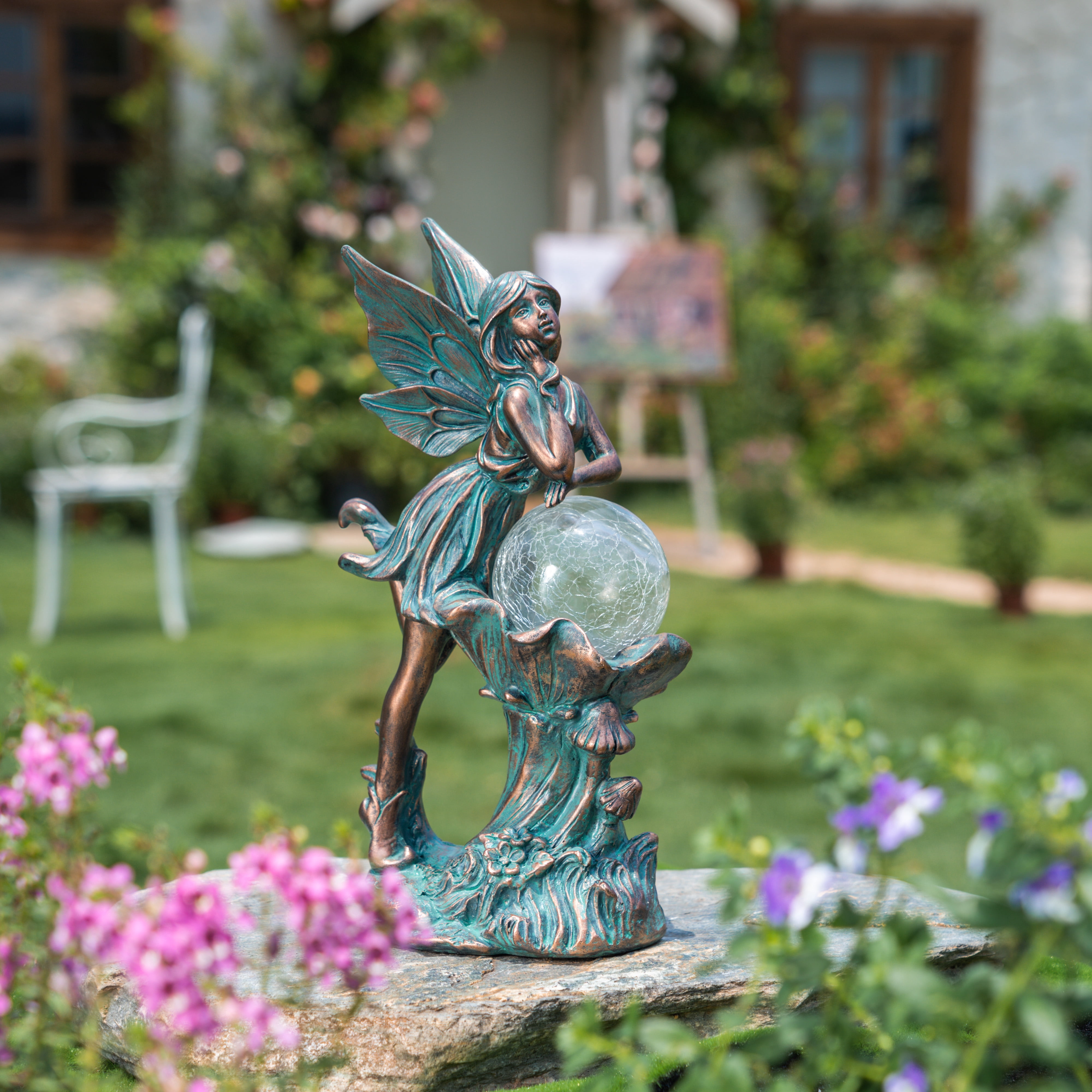 TERESA'S COLLECTIONS 12.4" Fairy Garden Statue with Solar Light, Patina Bronze Resin Sculpture with Crackle Glass