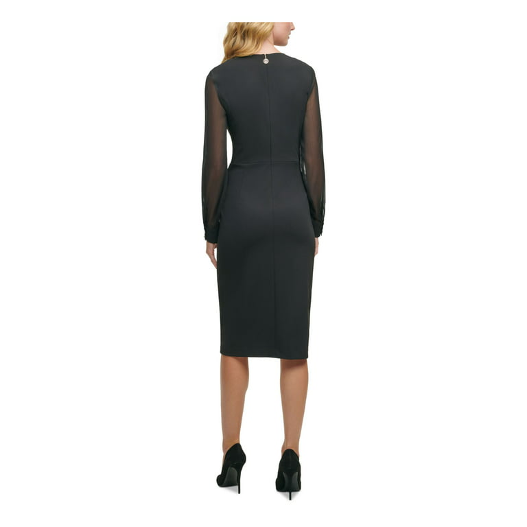 TOMMY HILFIGER Womens Black Sheer Zippered Asymmetrical Long Sleeve  Surplice Neckline Knee Length Evening Sheath Dress 4