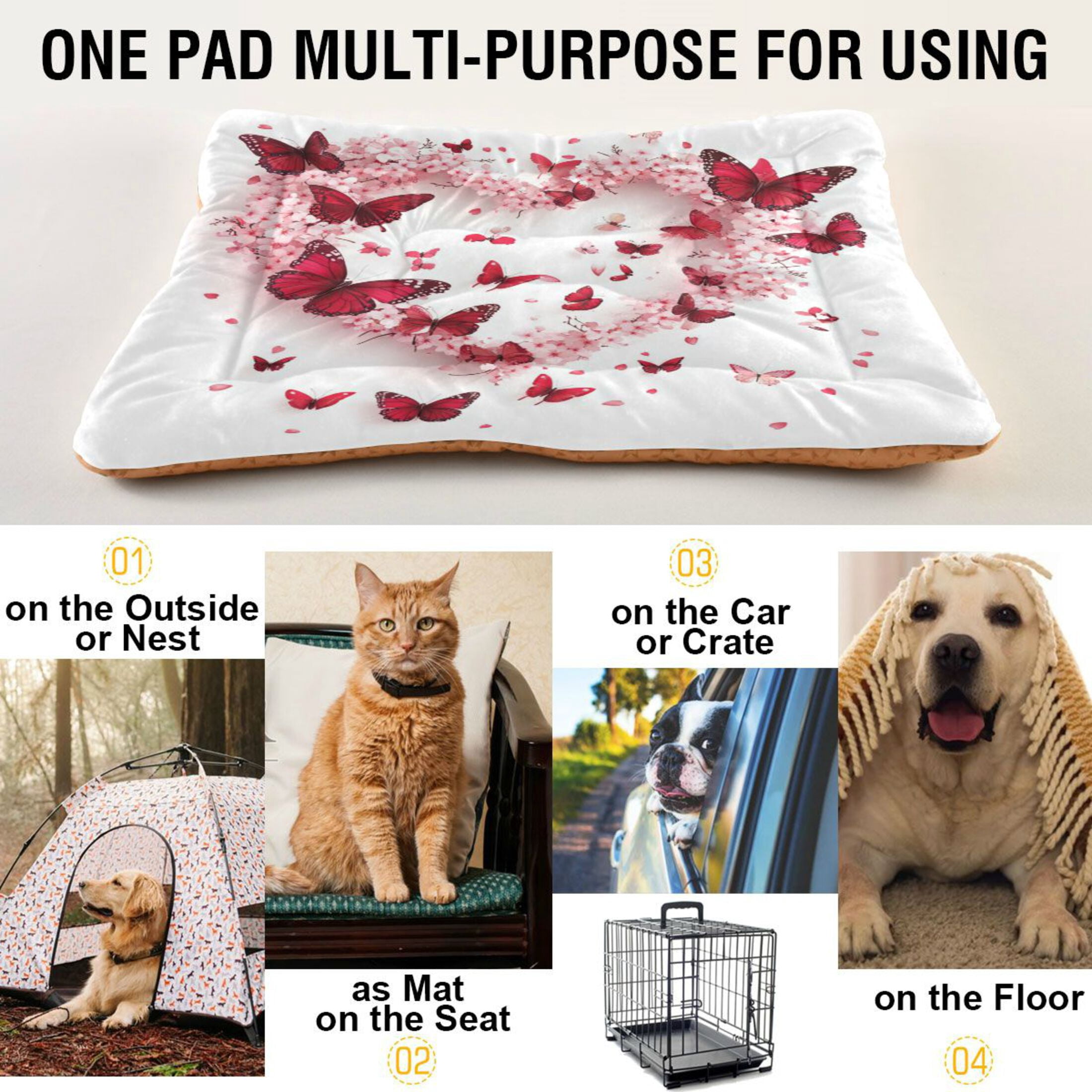 Qxltty Red Butterfly Pink Floral Ped Pad Wear-resistant and Hard to Bite Through Sleeping Pad for Small Medium Large Dogs Winter Pet Bed 36×24in