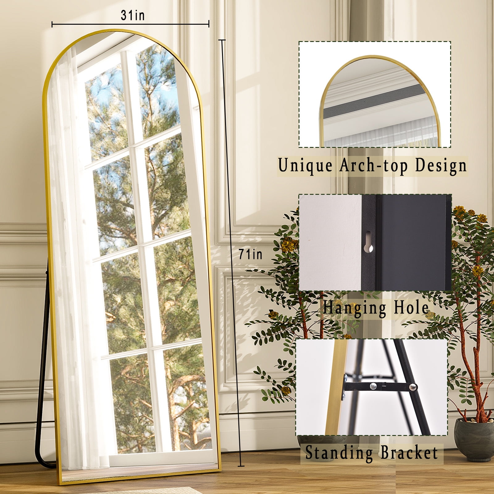 Anyrose 31x71 Full Length Mirror Arched Aluminum Alloy Framed Floor Mirror,Gold