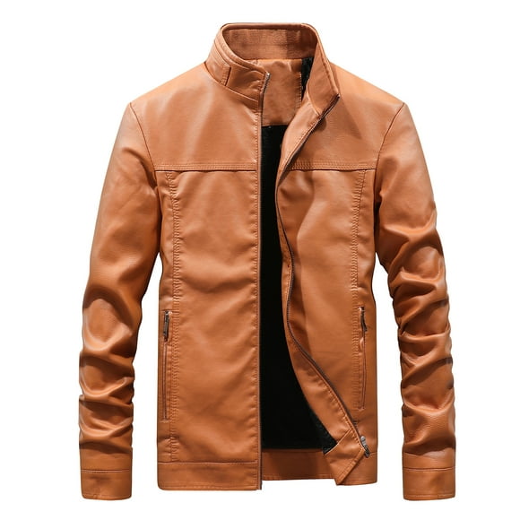 jovati Mens Autumn Fashion Pure Color Stand Collar Imitation Leather Jacket Coat