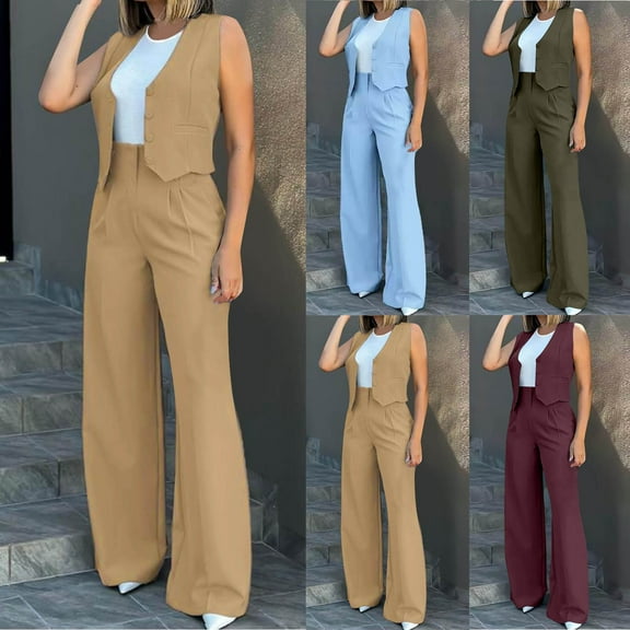 FRSASU Women's 2 Piece Outfits Sleeveless Suit Vest and Wide Leg Pants Business Casual Blazer Sets Wine