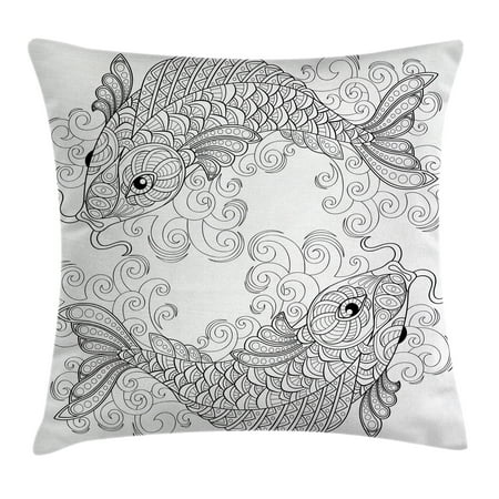 - Asian Decor Throw Pillow Cushion Cover, Traditional Koi Fish Pattern with Ethnic Ornaments Culture Image, Decorative Square Accent Pillow Case, 16 X 16 Inches, Grey White, by Ambesonne