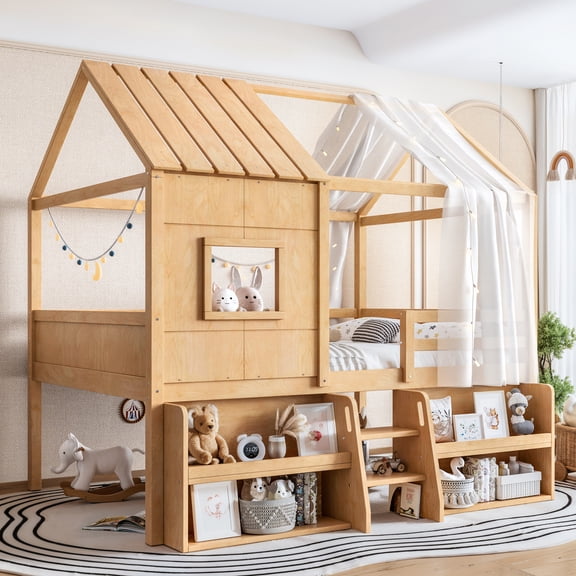 Harper & Bright Designs Full Size Loft Bed with Storage Shelves, House Loft Bed Frame with Roof and Window, Solid Wood Bed Frame with Stairs for Boys Girls, Natural