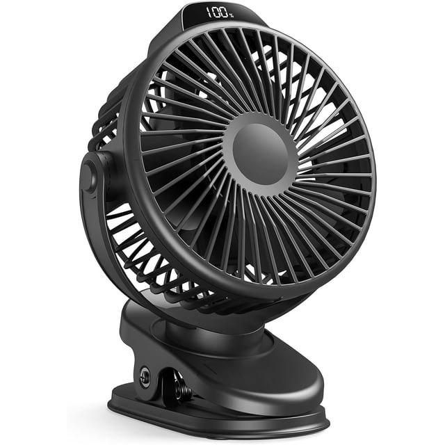 Ventilador portátil con clip, pequeño ventilador USB a batería, ventilador mini recargable de 3 velocidades con pantalla LED, ventilador de escritorio de enfriamiento personal de 360° para