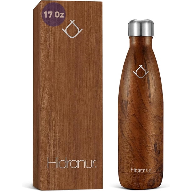 Termo de Acero Inoxidable Hidranur 17 Oz (502.75 ml) con Cepillo de Lavado, Doble Aislamiento Térmico, Madera
