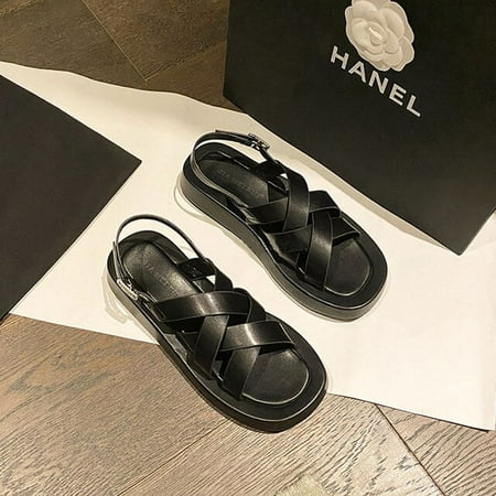 

Summer Sandals Beach Sandals Fashion Flats Shoes 2021 New Sandal Non-slip Flat Sandals Buckle Black And Beige