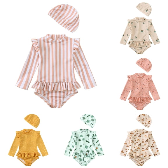 CUZIBR Toddler Kids Baby Girl Swimsuit Rash Guard Cute Cartoon Floral Graphic Long Sleeve Ruffles One Piece Bathing Suit With Cap Sun Protection Swimwear For Beach Pool,Light Pink,2-3 Years