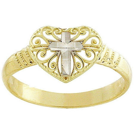Rhodium Cross in Heart 10kt Yellow Gold Ring