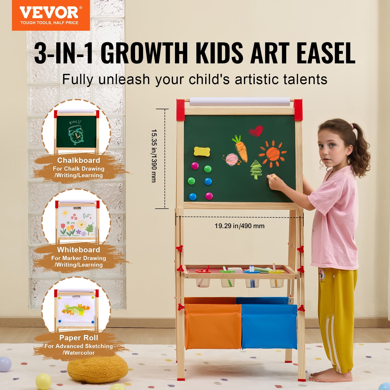 VEVOR Art Easel for Kids,3-in-1 Wooden Double-Sided Kides Art Easel with Magnetic Whiteboard, Chalkboard, Paper Roll, Adjustable Standing Drawing Board with Painting Accessories, Storage for Boy Girl