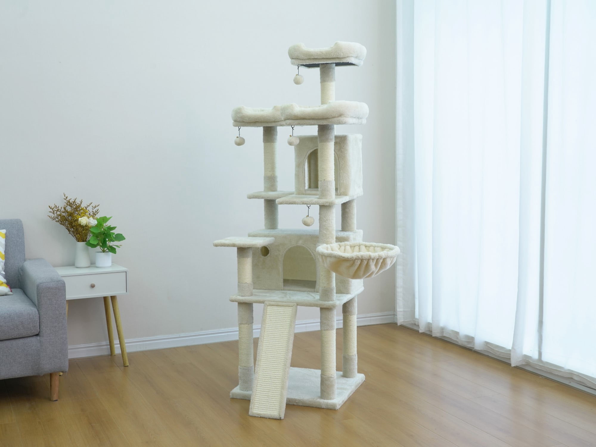 Vibrant Life Heavy Duty 7-Level 67" Cat Tree with Scratch Ramp, Hammock, and Two Condos, Beige