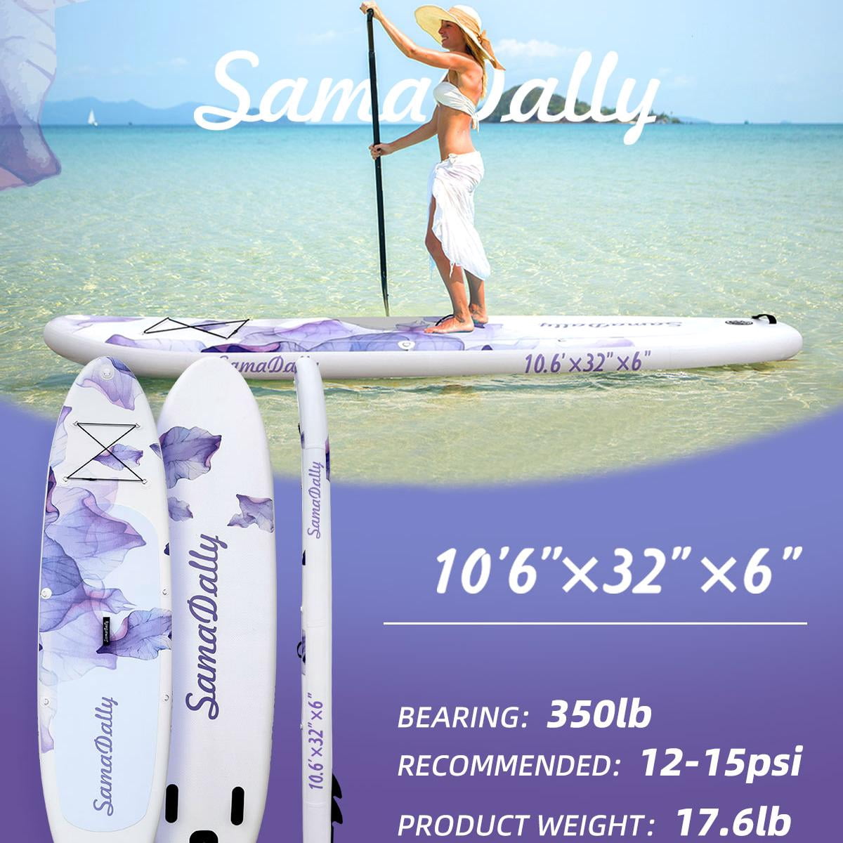SamaDally 10.6' Inflatable Stand Up Paddle Boards, 32" Paddle Board of All Skill Levels with Complete Inflatble SUP Accessories, Hand Pump, Waterproof Bag, Removable Fin, Leash (Purple Flower)