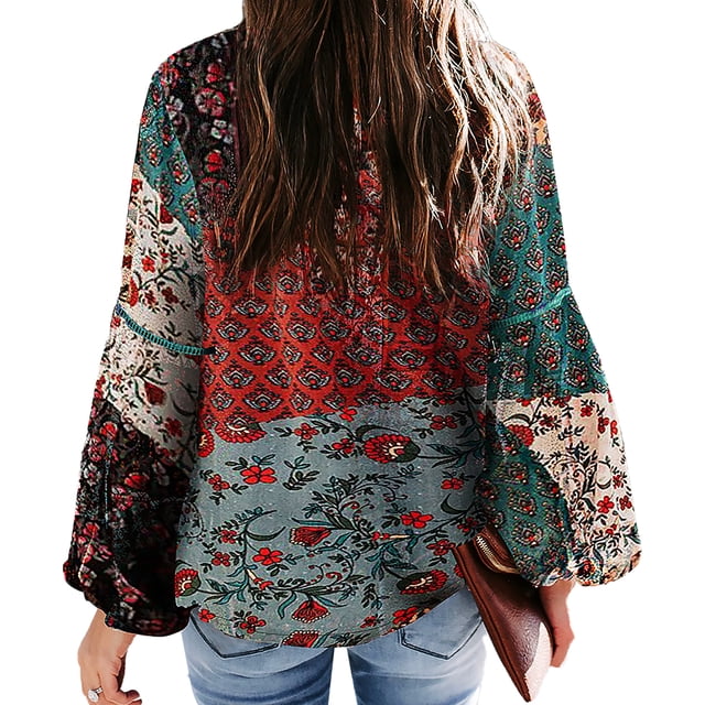 Camisa casual de manga larga Mujer Blusa de manga abullonada con estampado bohemio Top, XL, Verde Kearding AP000088-04B