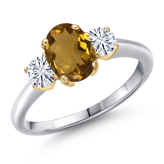 Gem Stone King 10K Two Tone Gold Whiskey Quartz and White Moissanite Engagement Ring for Women | 1.46 Cttw | Oval 8X6MM | Gemstone Birthstone | Size 9