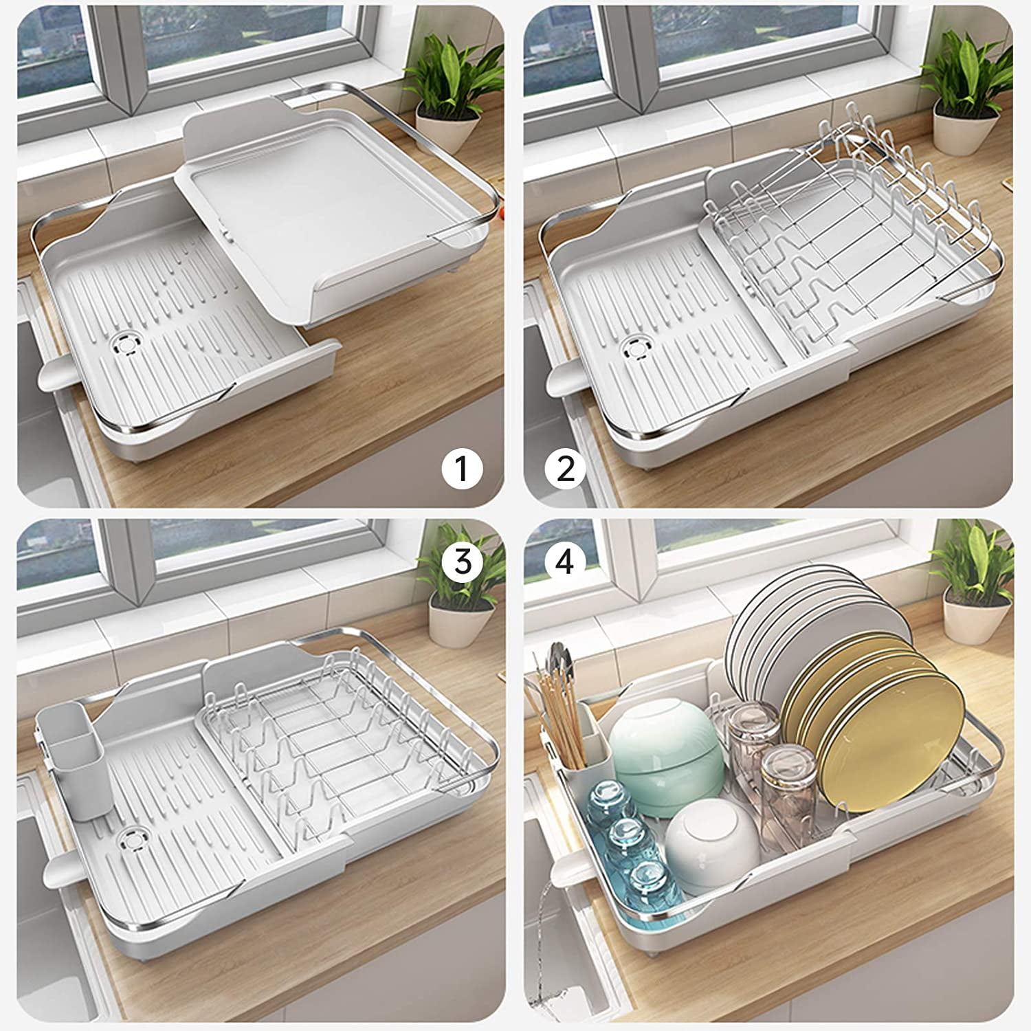 1pc Dish Drying Rack With Drawer, Sink Dish Drainer With Drip Tray,  Anti-Rust Frame, Swivel Spout Large Storage Draining Board Design,  Removable Cutlery Holder, Kitchen Accessories