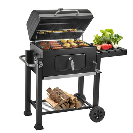 Charcoal Grill with Side Table & Adjustable Charcoal Tray, Outdoor BBQ Smoker Grill with Cast Iron Cooking Grates, Removable Ash Pan & Bottle Opener for Patio, Backyard, and Garden BBQ