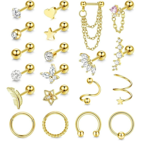 16G Cartilage Earrings For Women Men Tragus Piercing Jewelry Forward Helix Earrings Surgical Steel Cartilage Stud Earrings Hoop CZ Daith Conch Helix Piercing Jewelry 20Pcs Daily