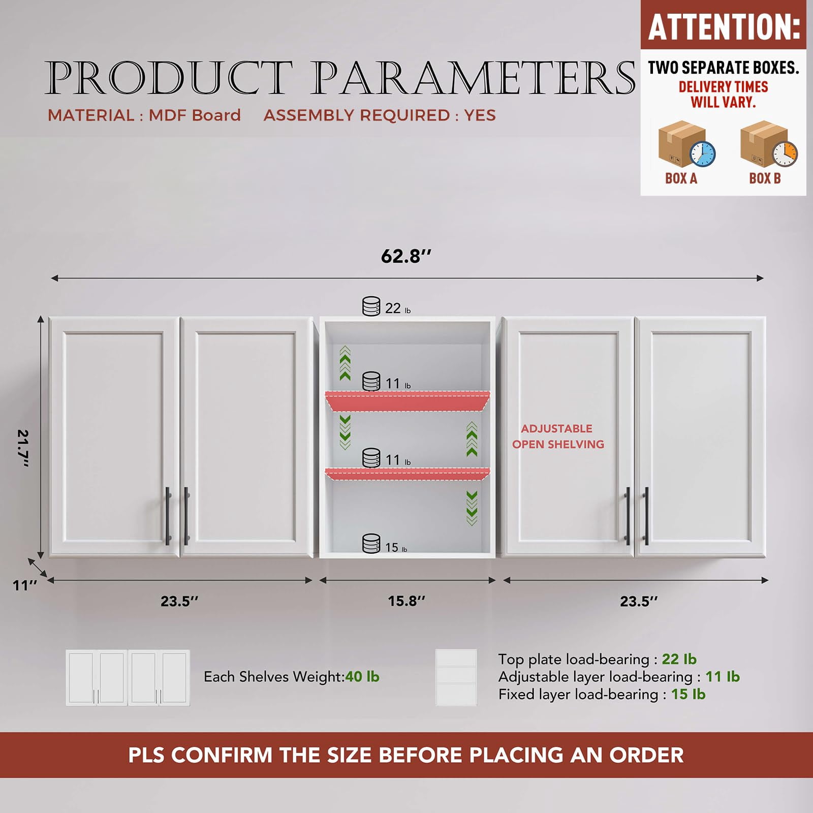 63" W Wall Cabinets for Laundry Room Set of 3, Kitchen Wall Cabinet with Adjustable Shelf, Floating Cabinet, Wall Mounted Cabinet for Laundry Room, Kitchen