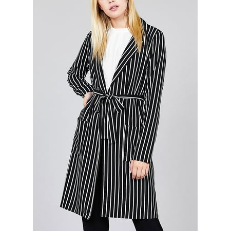Belted Blazer - Womens Juniors Casual Careerwear Wear to Work Office Black and White Striped Print Long Sleeve Belted Long Blazer 41418V