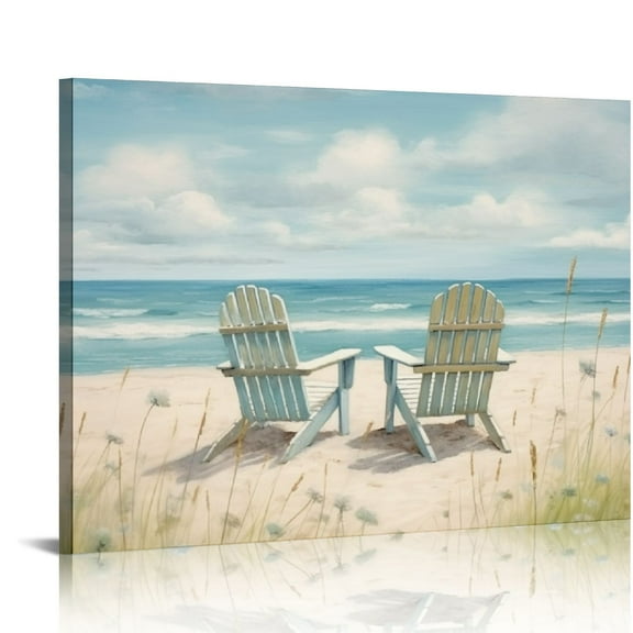 COMIO  Seascape Wall Art Canvas Picture: Beach Chair Seascape Print Decor Ocean Coastal Scene Painting Seaside Sea Wave Grass Artwork for Bathroom Living Room