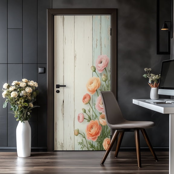 Door Stickers Peel and Stick Door Mural Elegant Pastel Ranunculus Flowers Rustic White Removable Wallpaper 30.3''x78.7'' Self-Adhesive Mural for Kitchen Living Room Bedroom Decor