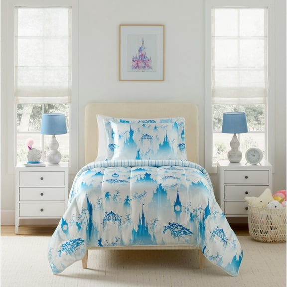 Disney Princess Blue & White Satin and Roped Trim Kids 2 piece Comforter and Sham Bedding Set, Twin/Full