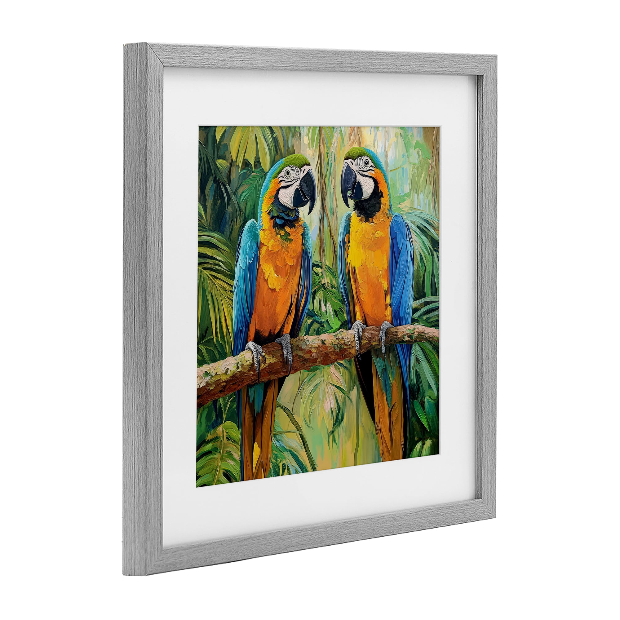 Stupell Industries Two Macaws Among Foliage Gray Framed Print Under Glass, design by Petal Prints Design
