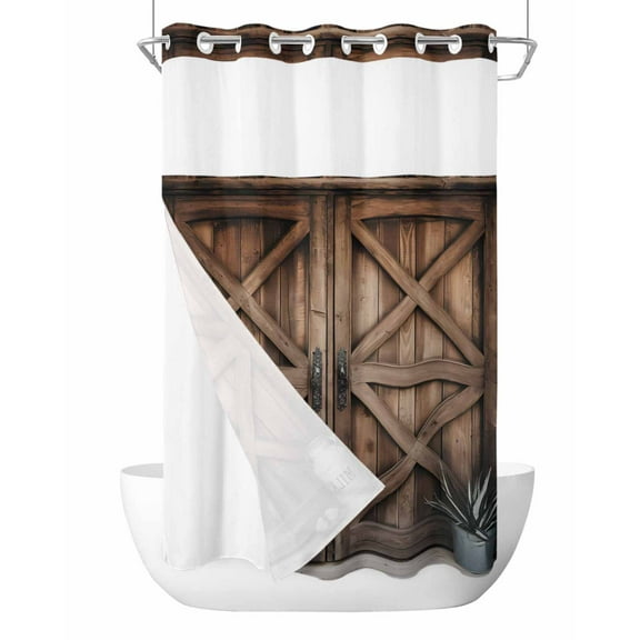No Hook Cloth Fabric Shower Curtain with Snap in Liner, Retro Brown Door Waterproof Shower Curtains Set with See Through Top Window, Country Vintage Wooden Door Bath Curtains Shower 36"x72"