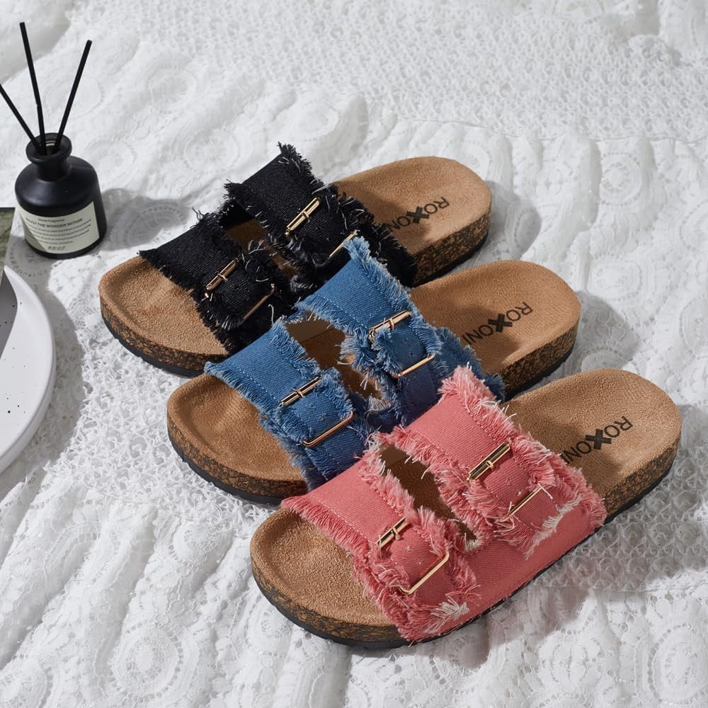 Roxoni Women s Comfort Flat Sandals Double Buckle Adjustable Straps Flat Slides Footbed Suede
