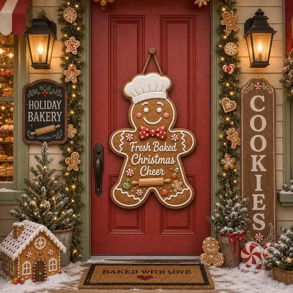 Gingerbread Baker Wooden Door Sign for Christmas Front Porch Welcome Decor