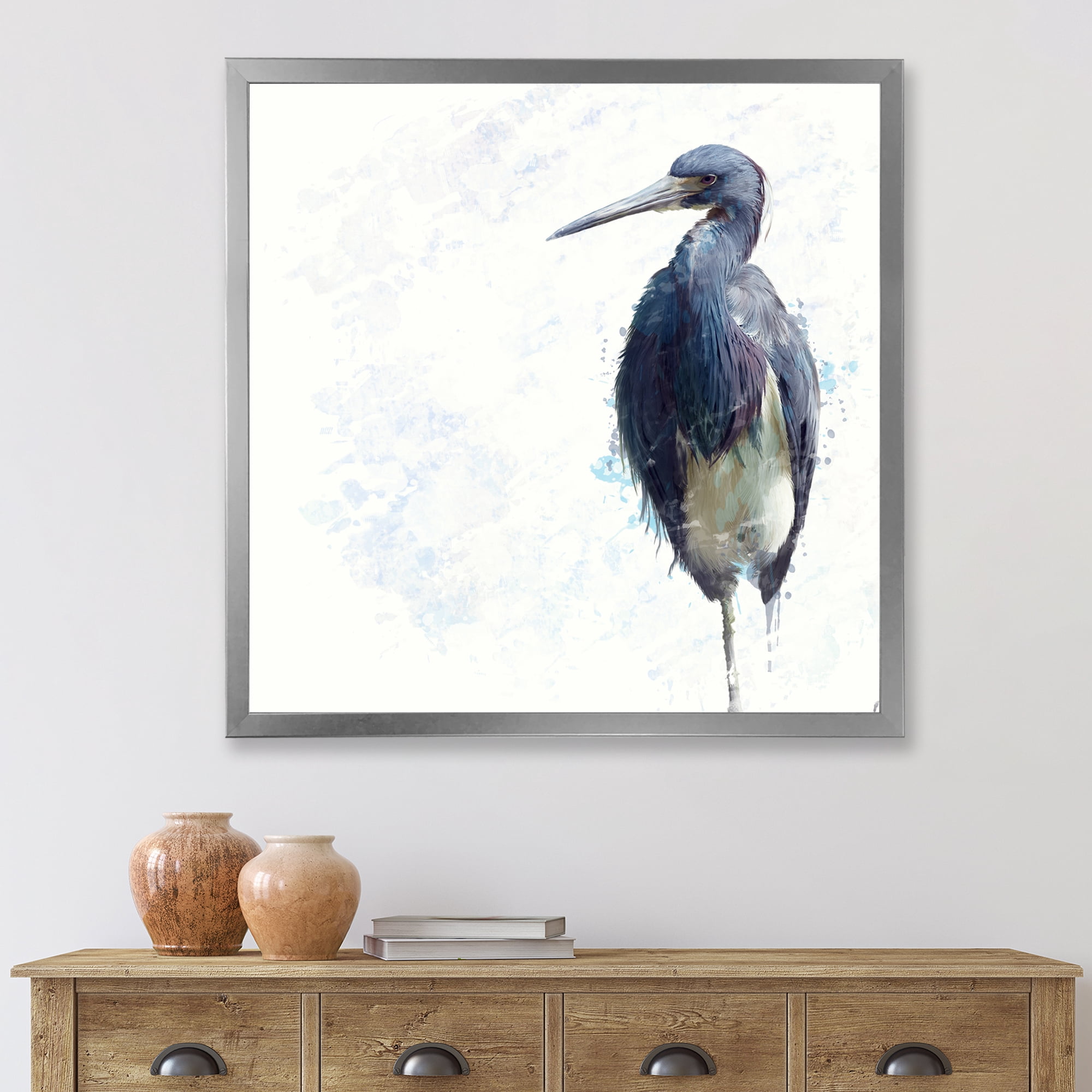 Designart 'Tricolored Heron Bird On White' Farmhouse Framed Art Print