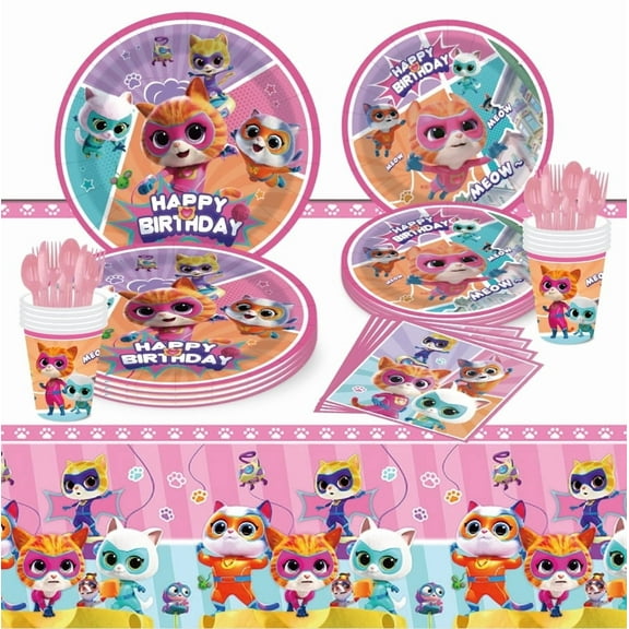 71-piece cartoon party tableware set - Super Kitties plates, cups, paper towels, tablecloths and other decorations - anime party theme birthday party supplies