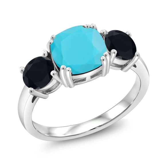 Gem Stone King 925 Sterling Silver Green Turquoise and Black Onyx 3 Stone Engagement Ring for Women (2.95 Cttw, Gemstone, Cushion 8MM, Size 7)
