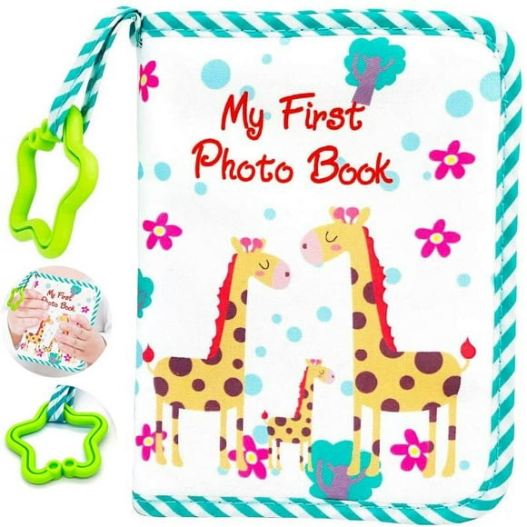 Photo Album Soft Cloth Photo Book Child with Safe Mirror Holds 17 Photos 4x6'' Cute Giraffe Family Theme