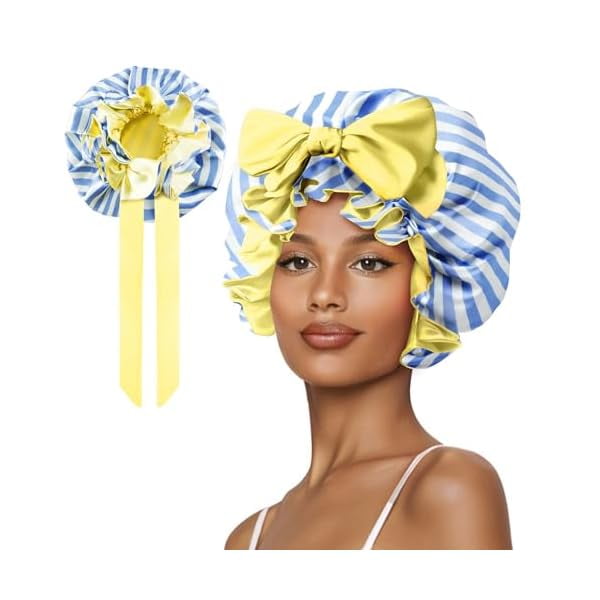 wonima11 Silk Bonnet, Satin Hair Shower Cap for Sleeping Women 2025 Tie Band Adjustable Straps Head Wrap for Curly Hair Blue Stripe F