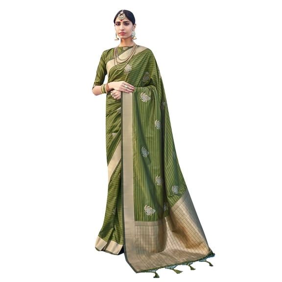 Sarees for Women Cotton Art Silk Woven Saree ||Ethnic Traditional Indian Wedding Gift Sari with Unstitched Blouse Green