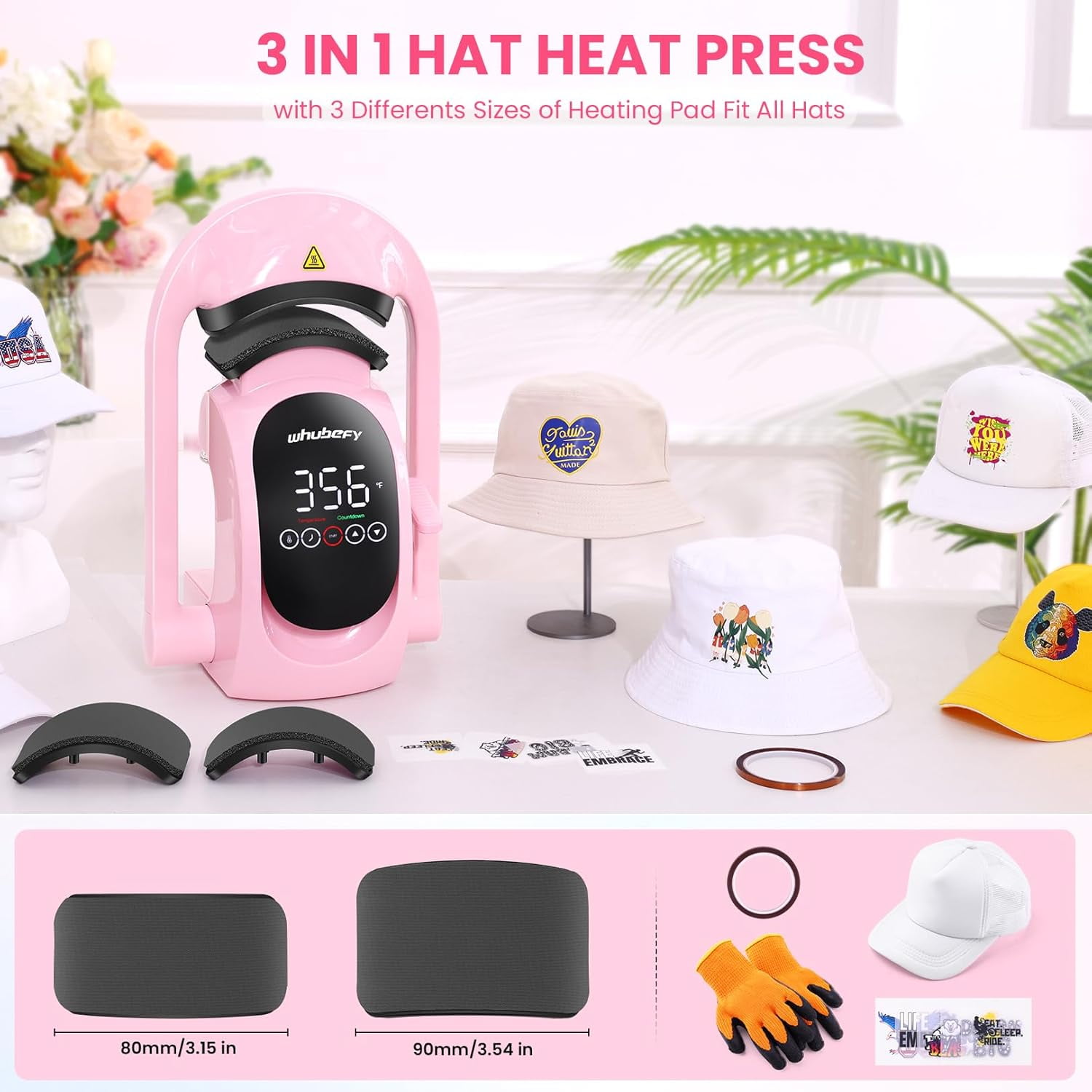 Adnoom 3-in-1 Cap Heat Press Machine, Hat Heat Press with 3pcs Replaceable Heating Pads, Automatic Release & Press, DIY Sublimation press for Caps T-Shirts Bags, Pink