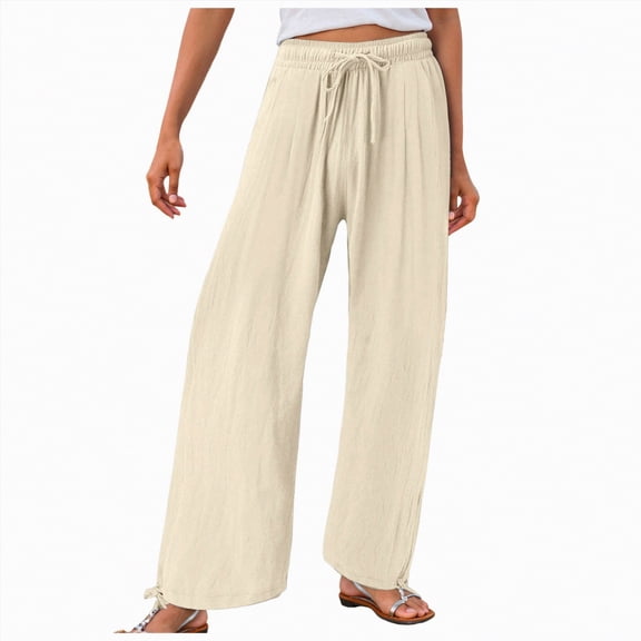 KPOPLK Ladies Pants with Pockets Linen Women Petite Length Loose Cotton Solid Trousers Pants Wide Leg Pants for Women for Beach Vacation Day to Night Everyday Wear Size S,Light Yellow