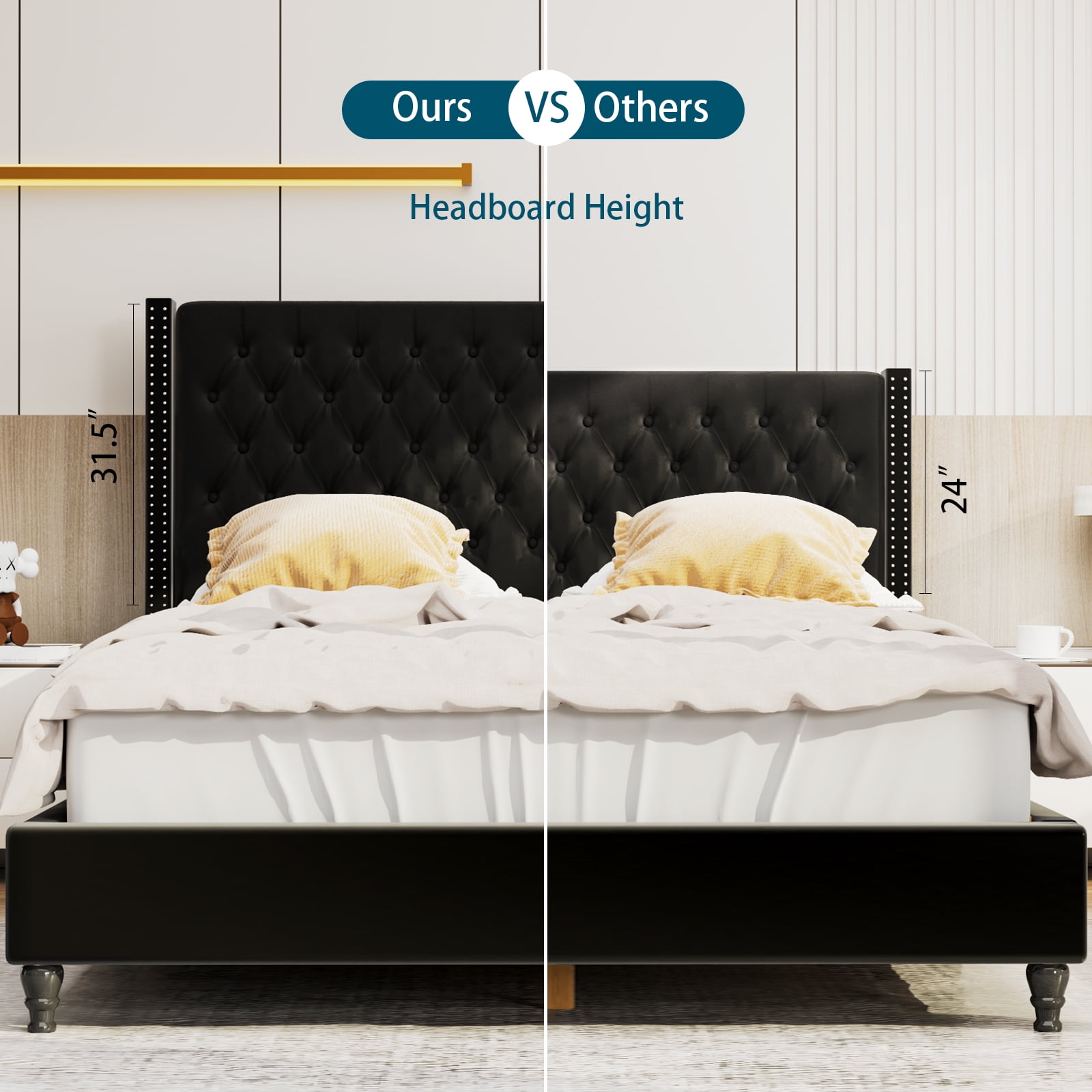 Nathaniel Home King Beds, Upholstered Tufted Bed, Platform Bed Frame with Diamond, Low Profile Platform Beds, Strong Wooden Slats, Adult Size Black