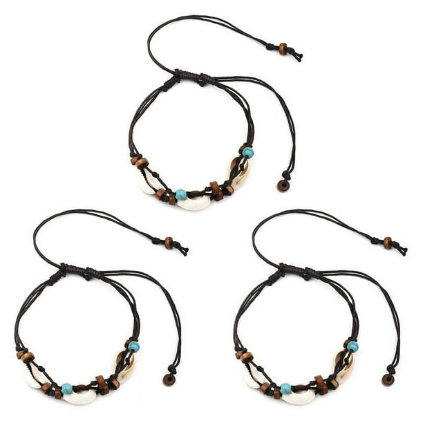 3X Boho Tobilleras de Piedra de Concha de Mar Natural para Mujer Pulsera de Tobillo de Madera con Cuentas en la Pierna Cadena de Pie Cera Tobillera Tobillera Joyería de Playa