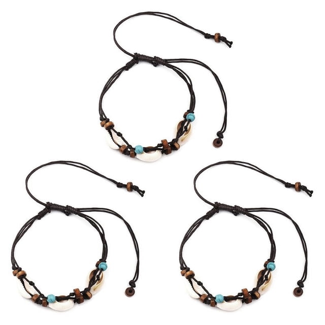 3X Boho Tobilleras de Piedra de Concha de Mar Natural para Mujer Pulsera de Tobillo de Madera con Cuentas en la Pierna Cadena de Pie Cera Tobillera Tobillera Joyería de Playa