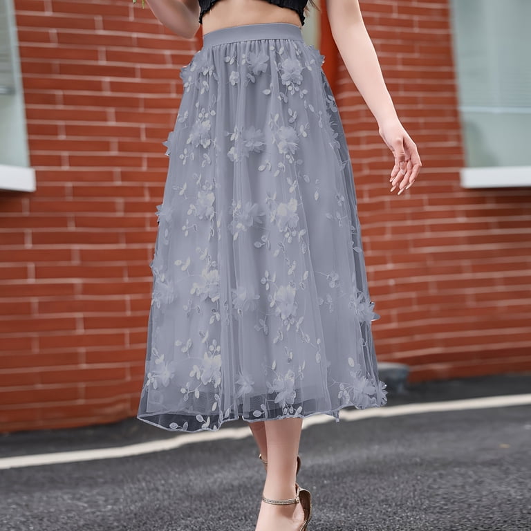 TMOYZQ Skirts for Women High Waist Layered 3D Mesh Flower