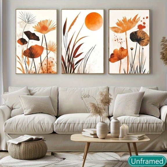 2D for FIAT, 3pcs Frameless Warm-Toned Floral Triptych - Printed Canvas Oil Painting Poster, Modern Minimalist Wall Art for Living Room, Bedroom, Dining Room, Office Decor, Unframed Wall Decoration,